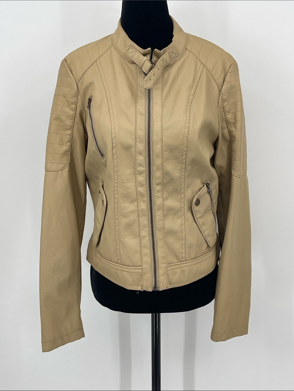 Miss LONDON Women’s Tan FAUX Leather Moto Jacket SIZE M MARK ON SLEEVE